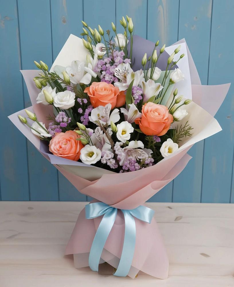 Букет цветов из: Лизиантусы, Розы, Альстромерии и Гипсофила в Тоцкое