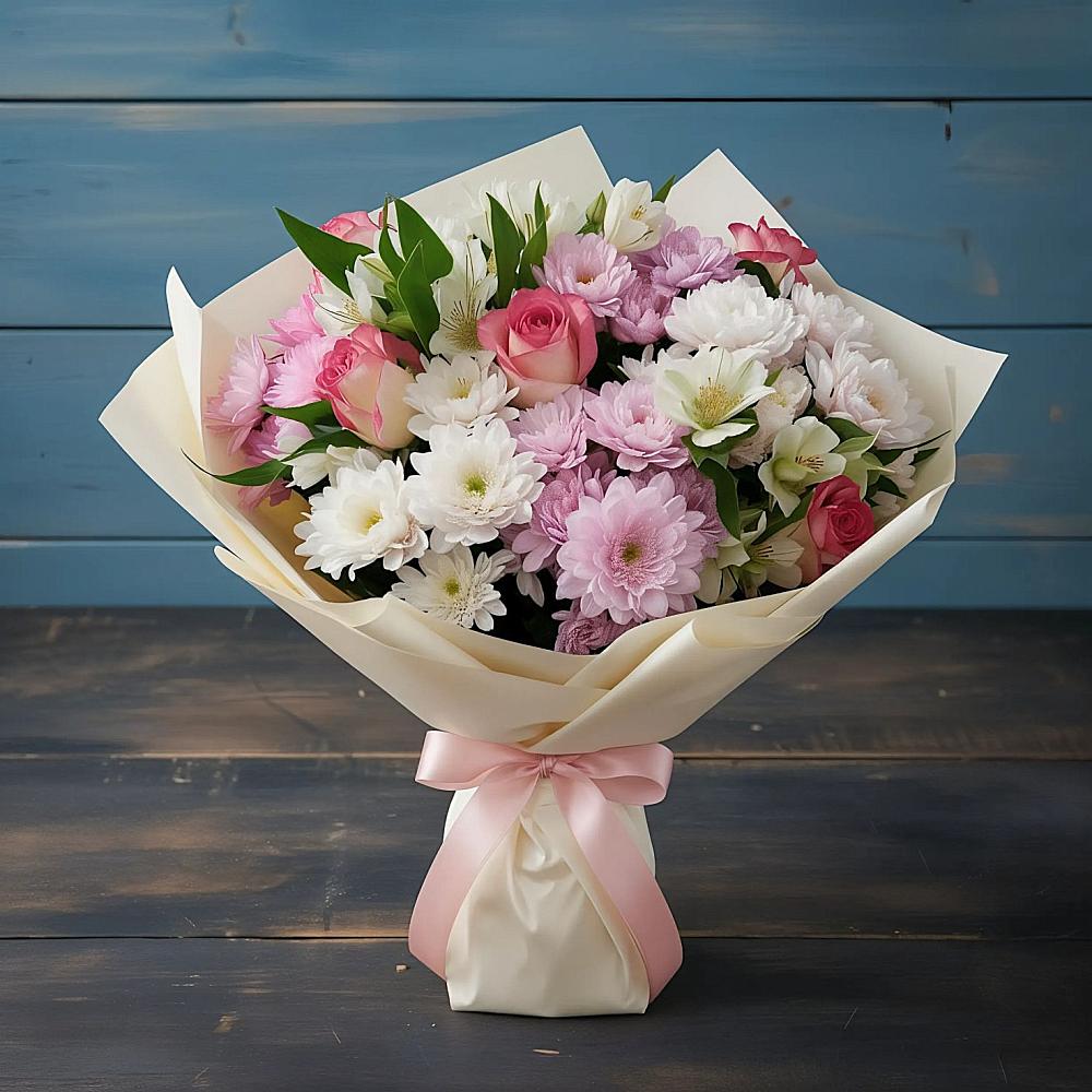 Букет цветов из: Хризантемы, Альстромерии и Розы в Тоцкое